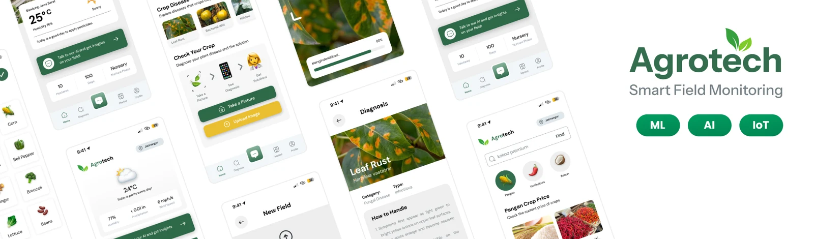 Banner asli Agrotech dengan layar pemantauan lahan dan diagnosis penyakit tanaman