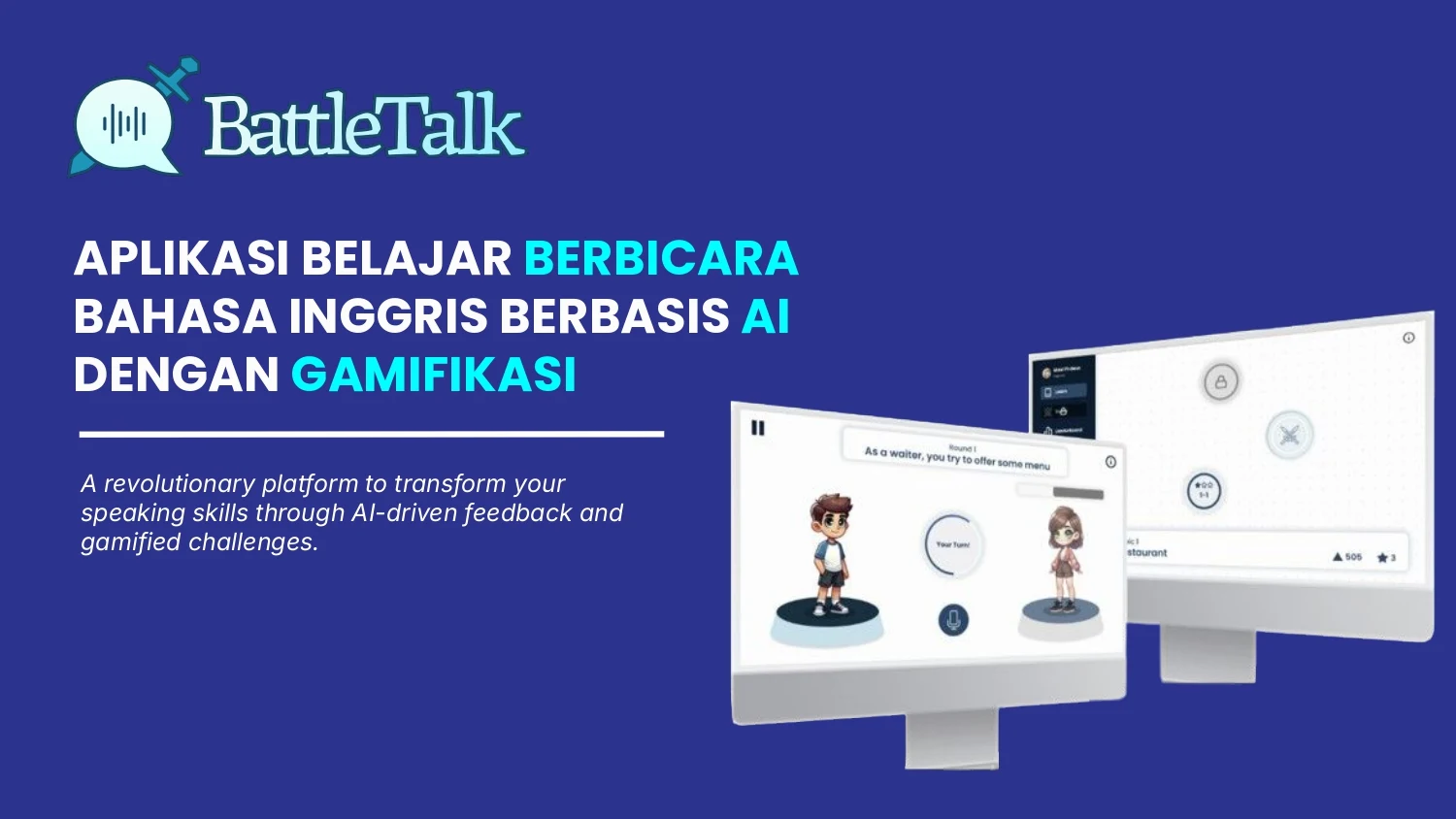 Banner asli BattleTalk dengan layar latihan speaking berbasis AI
