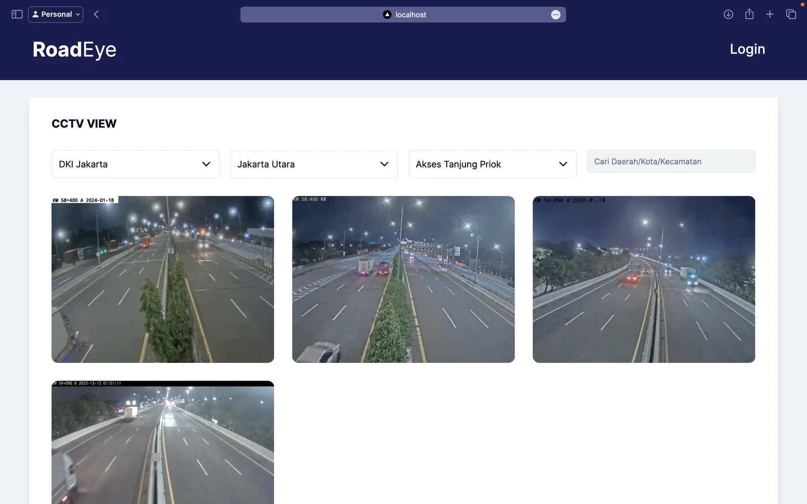 Screenshot asli RoadEye menampilkan pemantauan CCTV dan peta lalu lintas